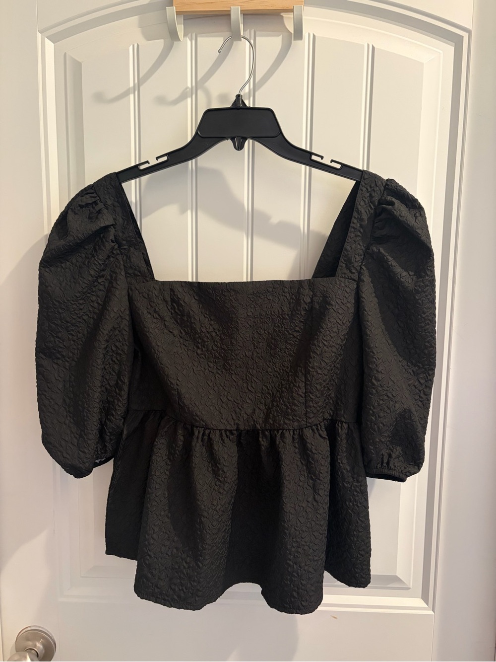 Black Puff Sleeve Square Neck Peplum Top